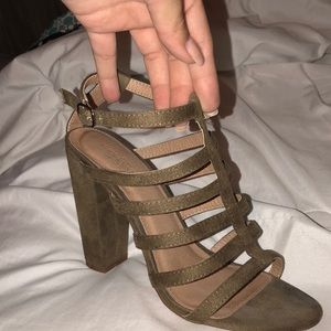 Olive green strappy “chunky” heels